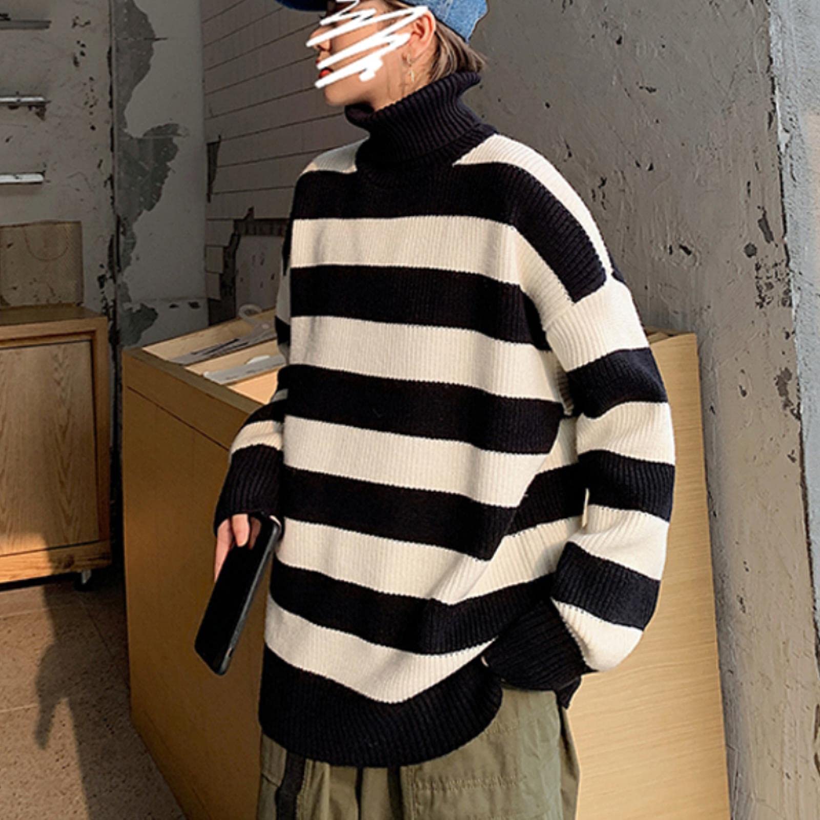 ZXCL Autumn Striped Knitted Sweater Casual Oversized Pullovers